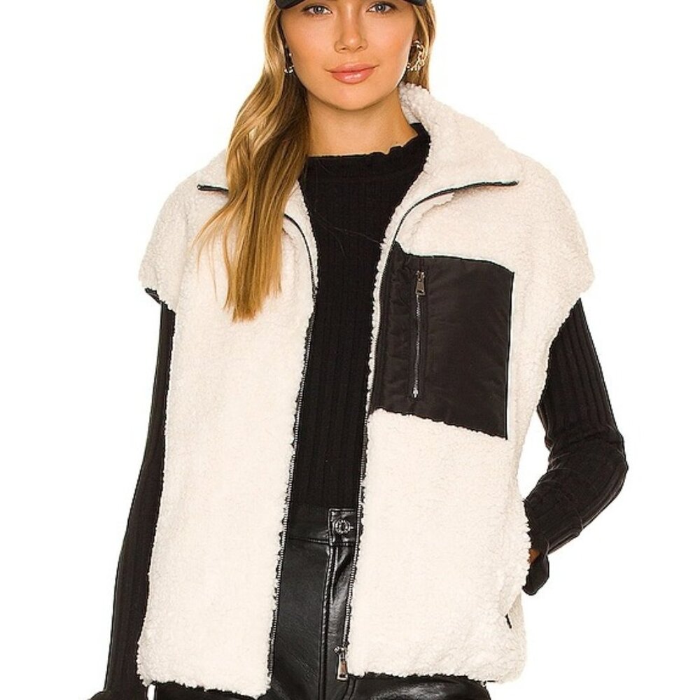 Adrienne Landau Faux Lamb Vest in Black & Off White shearling fleeve fur